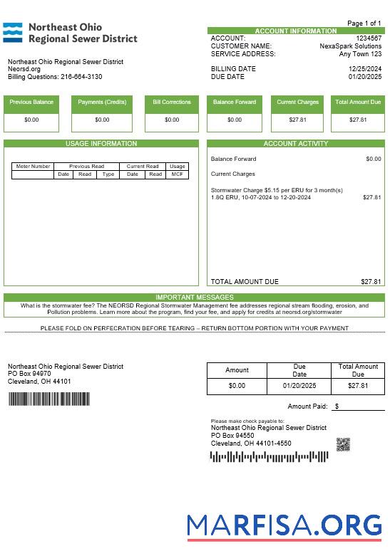 Printable USA Northeast Ohio Regional Sewer District business utility bill Word and PDF template 1
